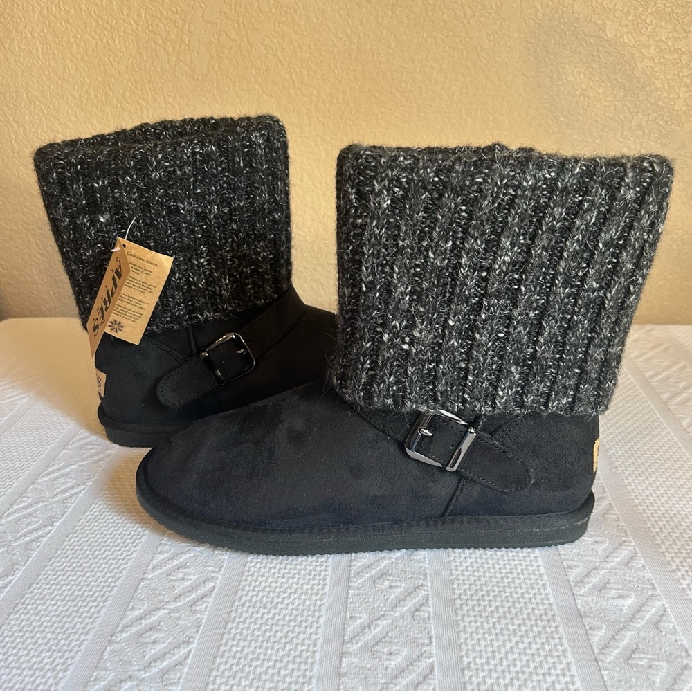 NWB Apres by Lamo Maci Black Faux Suede with‎ Faux Fur Boots Size 11